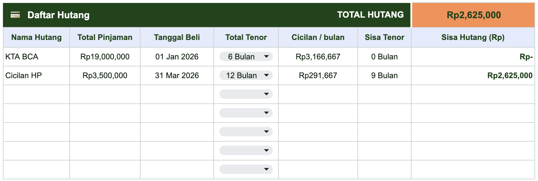 Track hutang dan cicilan